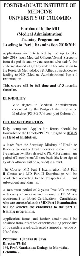 Enrolment to the MD (Medical Administration) Training Programme - University of Colombo